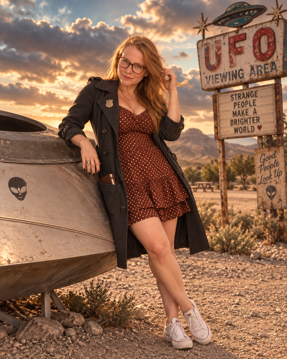 Sam at a desert UFO viewing area, dressed as a detective